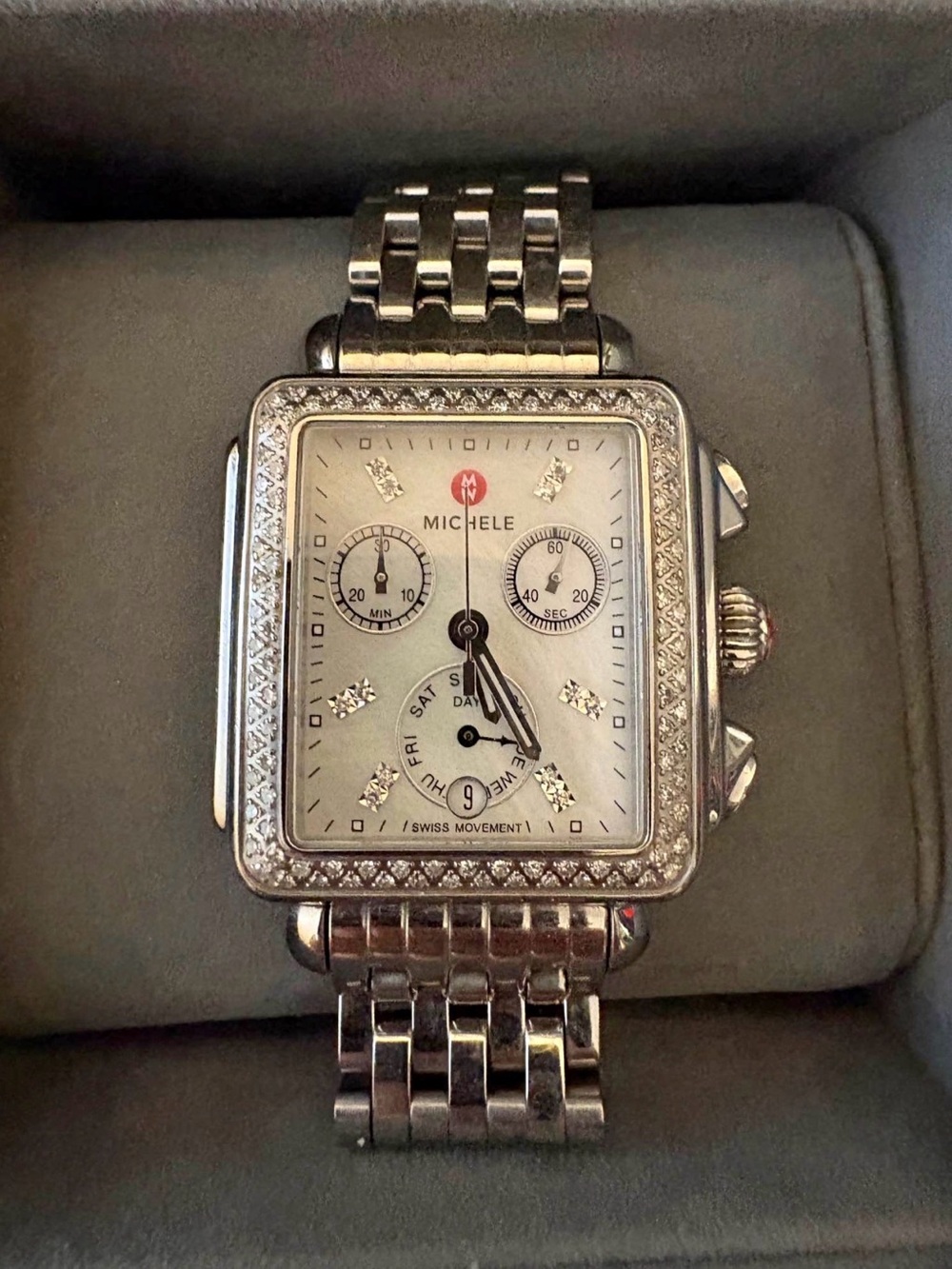 Michele Silver Stainless Steel Diamond-Accent Chronograph Watch